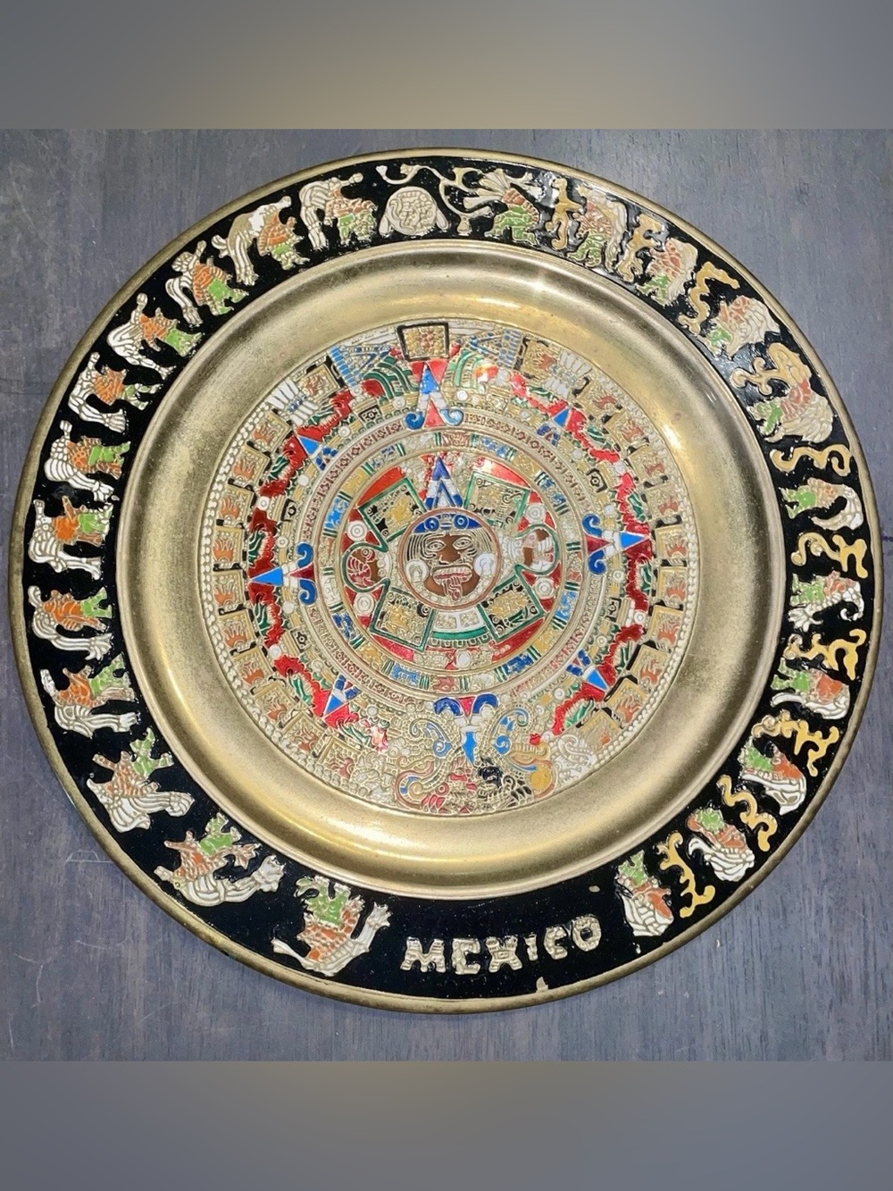 Vintage Mexico Brass Wall Plate featuring an Aztec Calendar Sun Stone